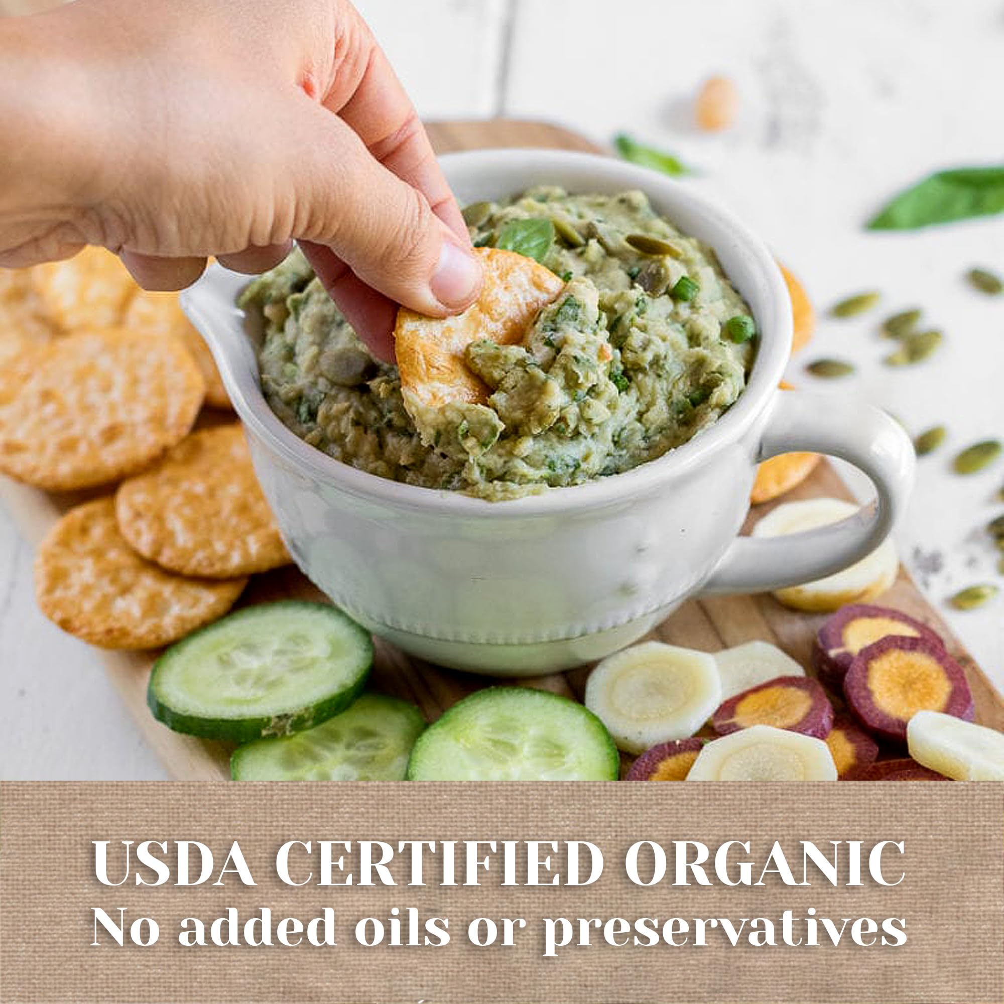 Edward & Sons Organic Snaps pair well with dips and spreads on a board.