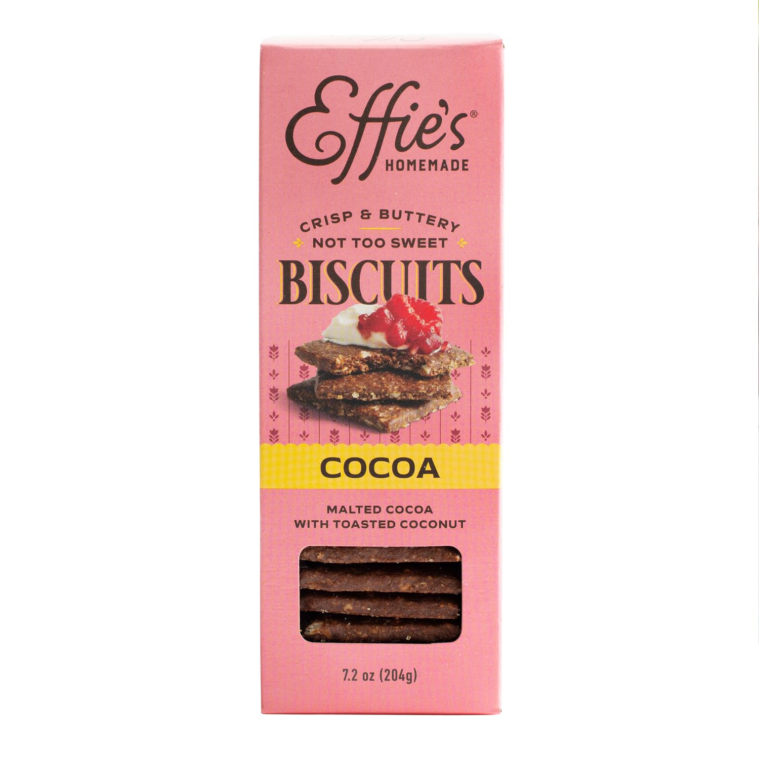 Effie's Cocoa biscuits pack on a wooden board, ideal for a quick snack