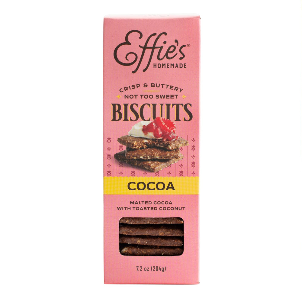Effie's Cocoa biscuits pack on a wooden board, ideal for a quick snack