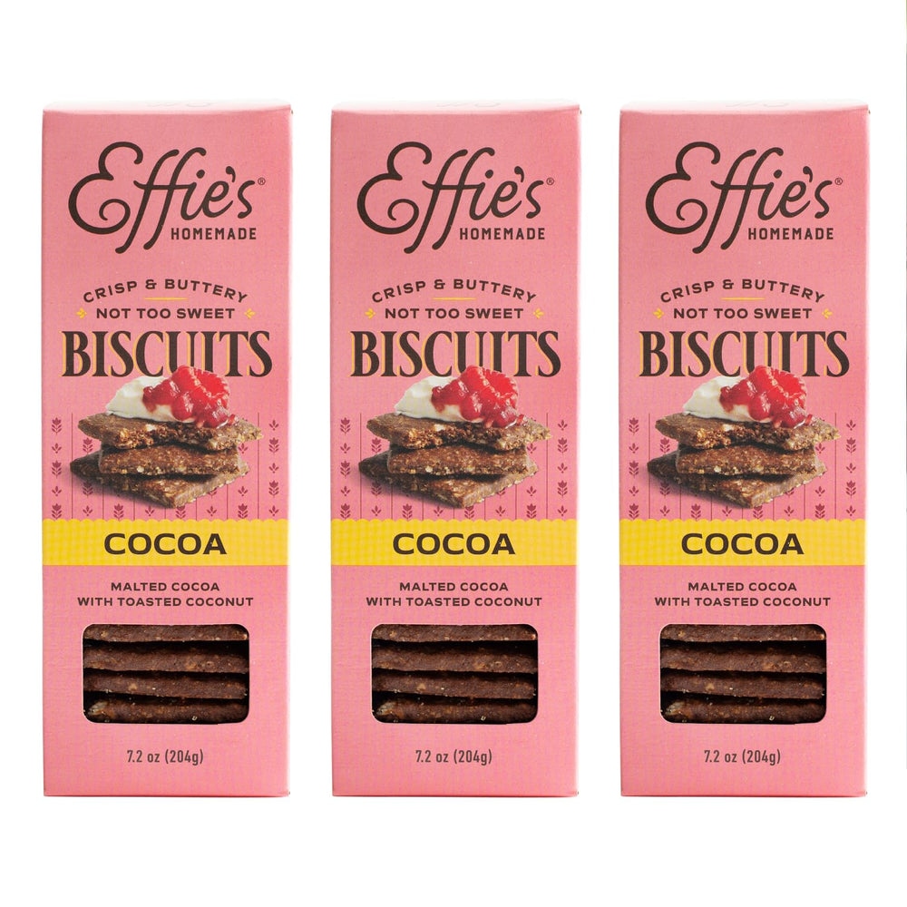 Effie's Cocoa Biscuits packaging, ideal for gifting and pantry display