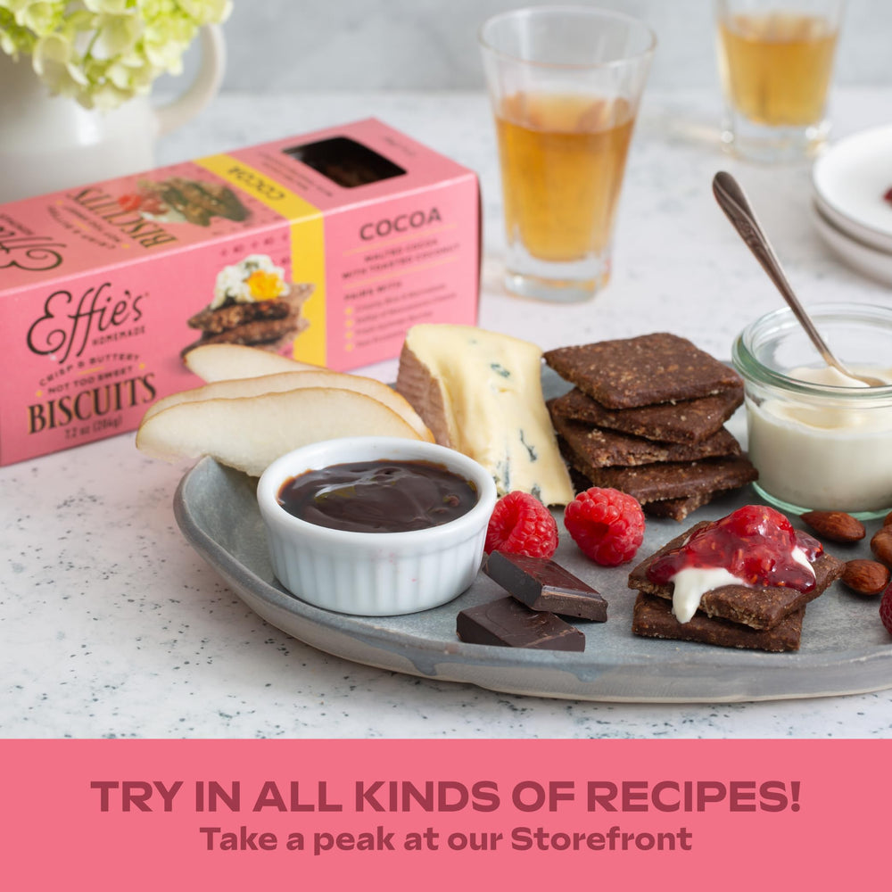 Effie's Cocoa Biscuits on plate with berries, perfect dessert pairing