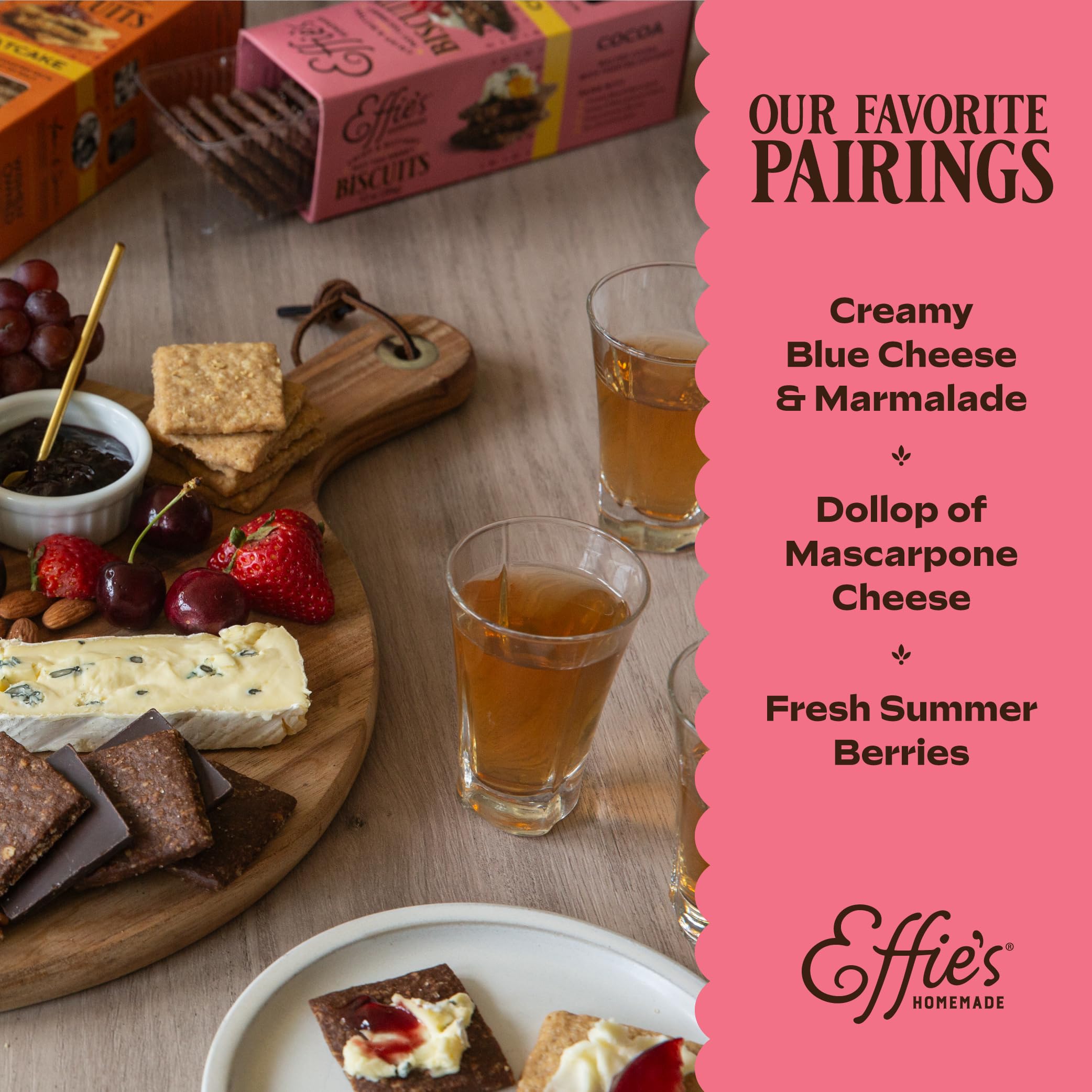 Effie's Cocoa Biscuits tasting board featuring cheeses and jams