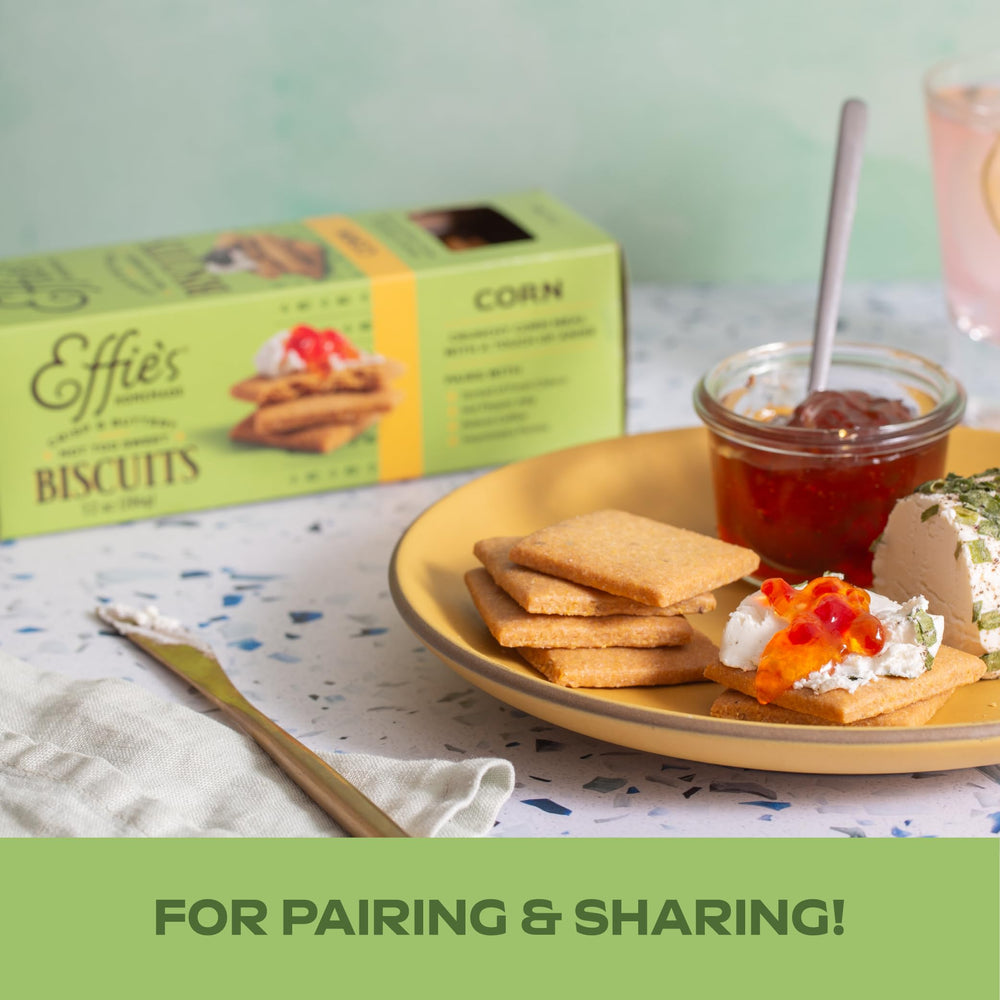 Ingredients close-up on Effie's Corn biscuits, featuring real butter and natural ingredients.