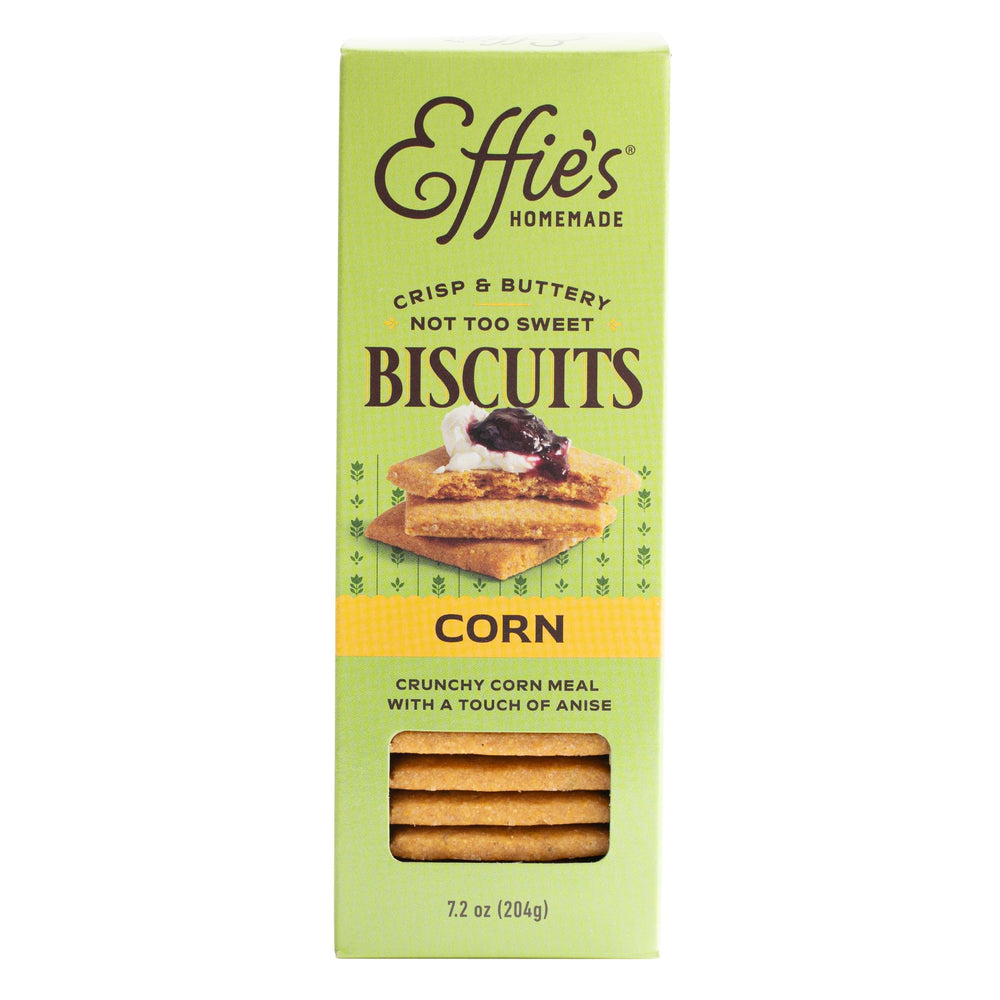 Effie's Homemade Corn biscuits pack front showing a buttery, crave-worthy snack.