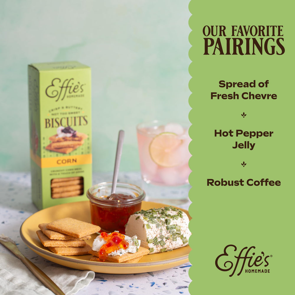 Bright finish and light sweetness of Effie's Corn biscuits, a versatile bite.