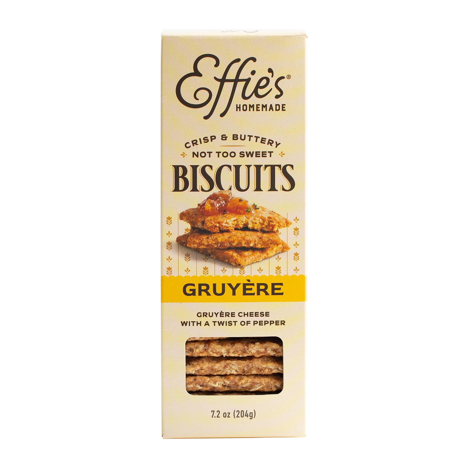 Effie's Gruyère biscuits pack on a board showing savory cheese pairing