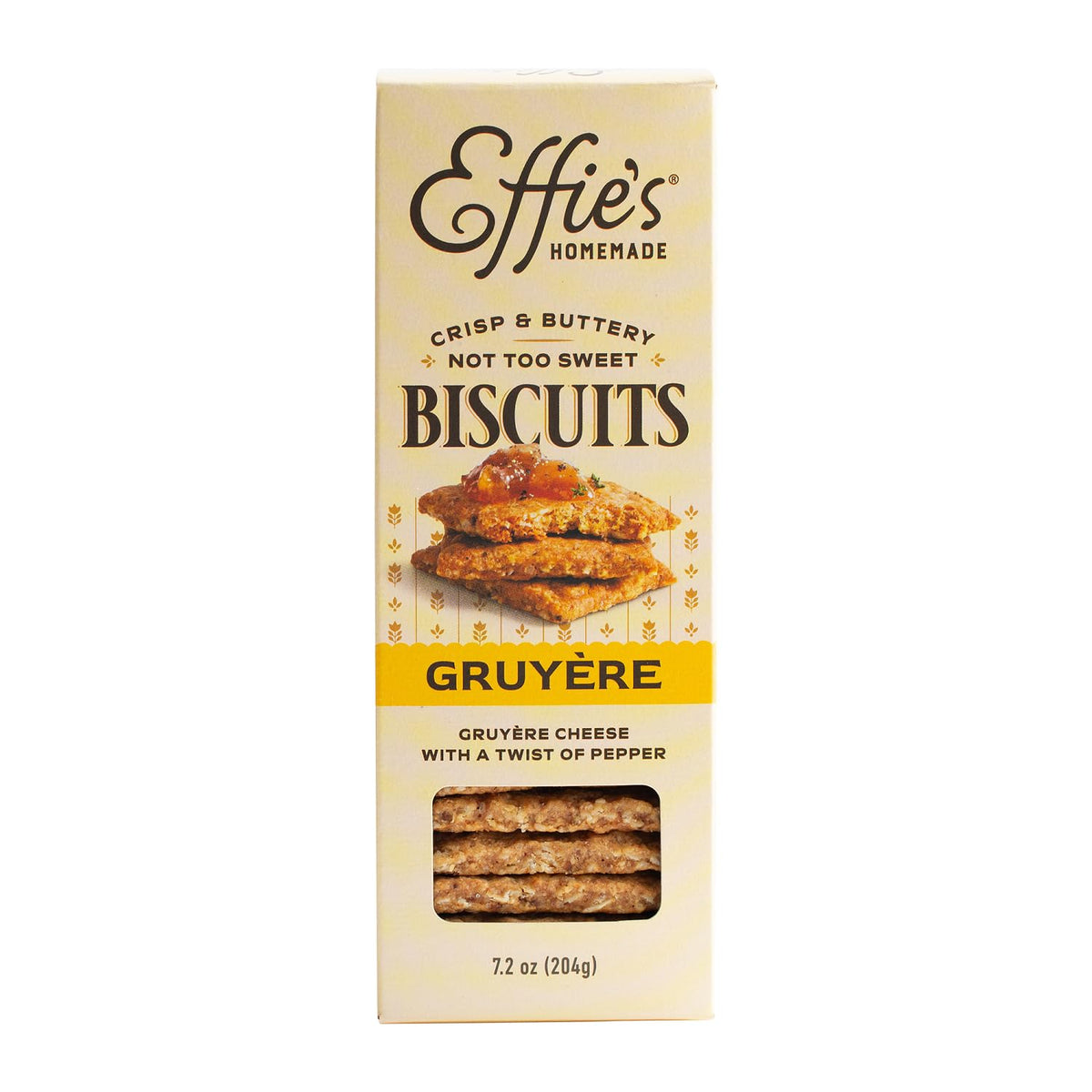Effie's Gruyère biscuits pack on a board showing savory cheese pairing