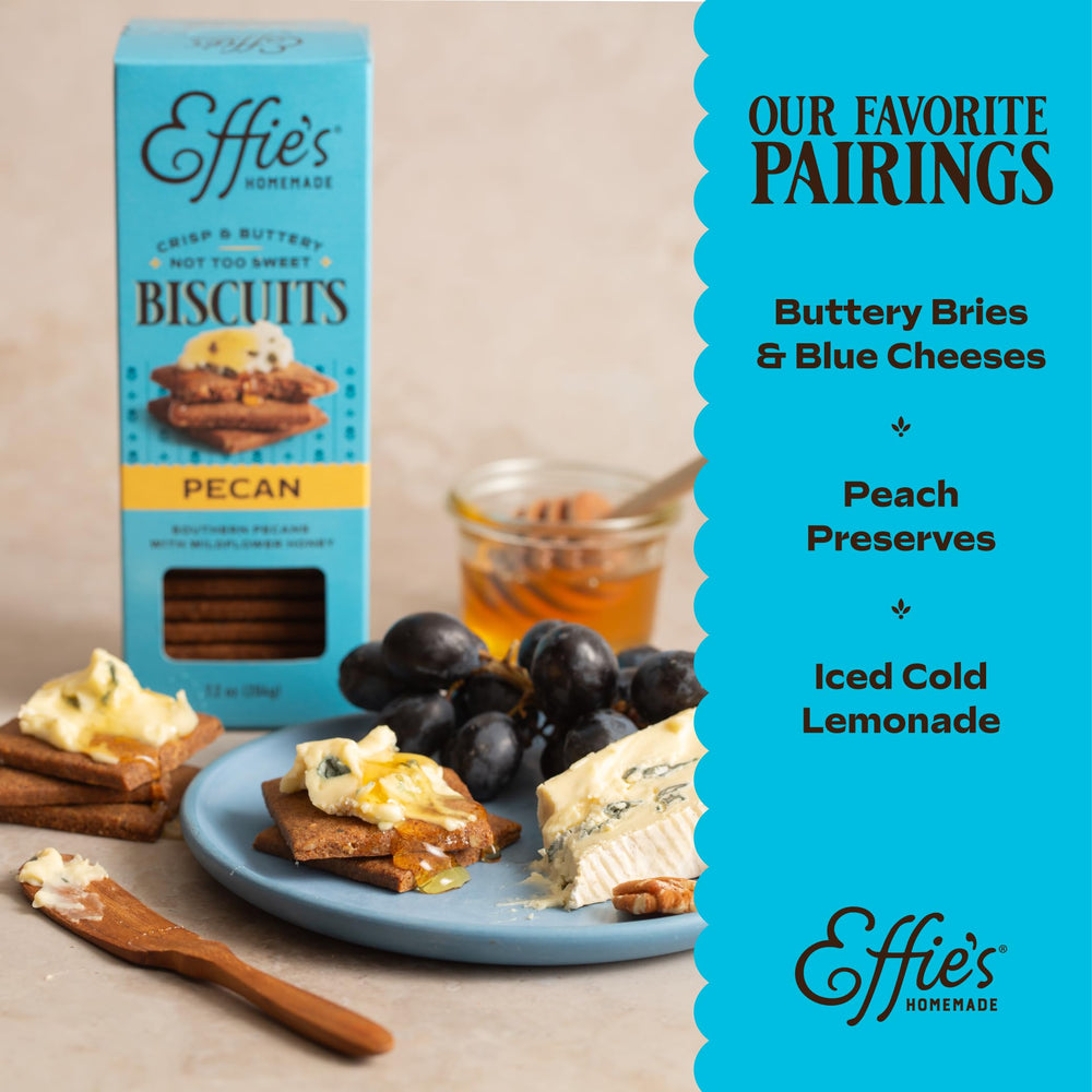 Effie's Pecans Biscuits ingredients-glimpse emphasizes real butter and natural ingredients.