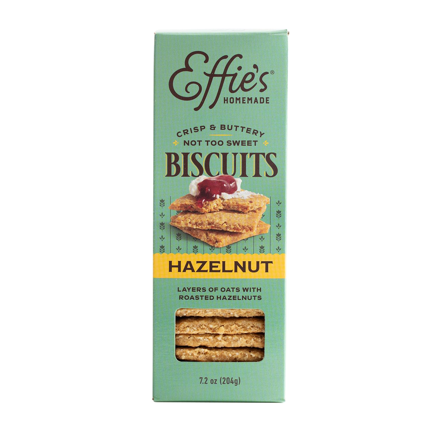 Effie's Hazelnut Biscuits front view, ideal for refined snacking with cheese or preserves.