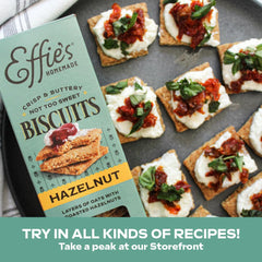 Effie's Hazelnut Biscuits ingredients closeup, natural butter and glyphosate-free oats emphasize quality.
