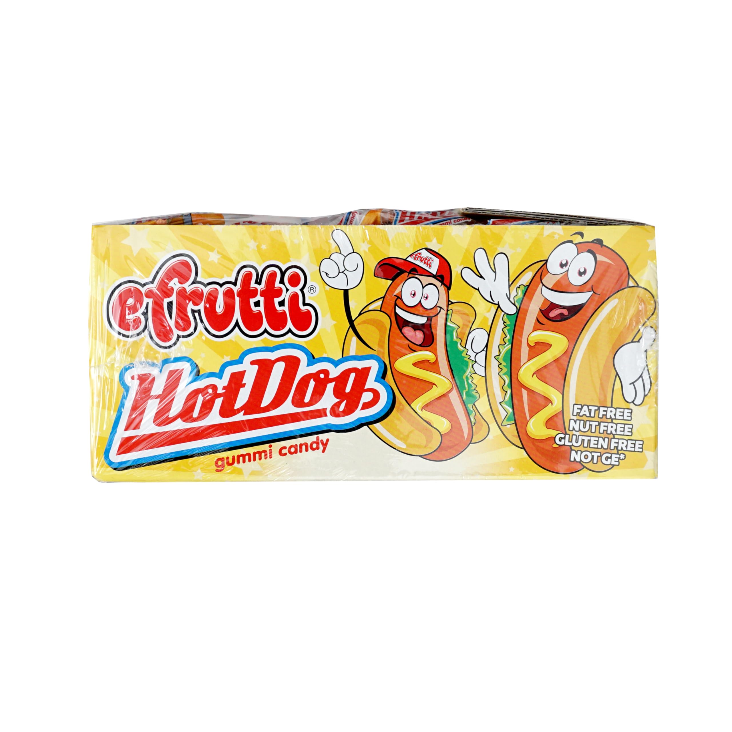 Packaging of efrutti gummi hot dogs with bright colors for classroom or event snacks.