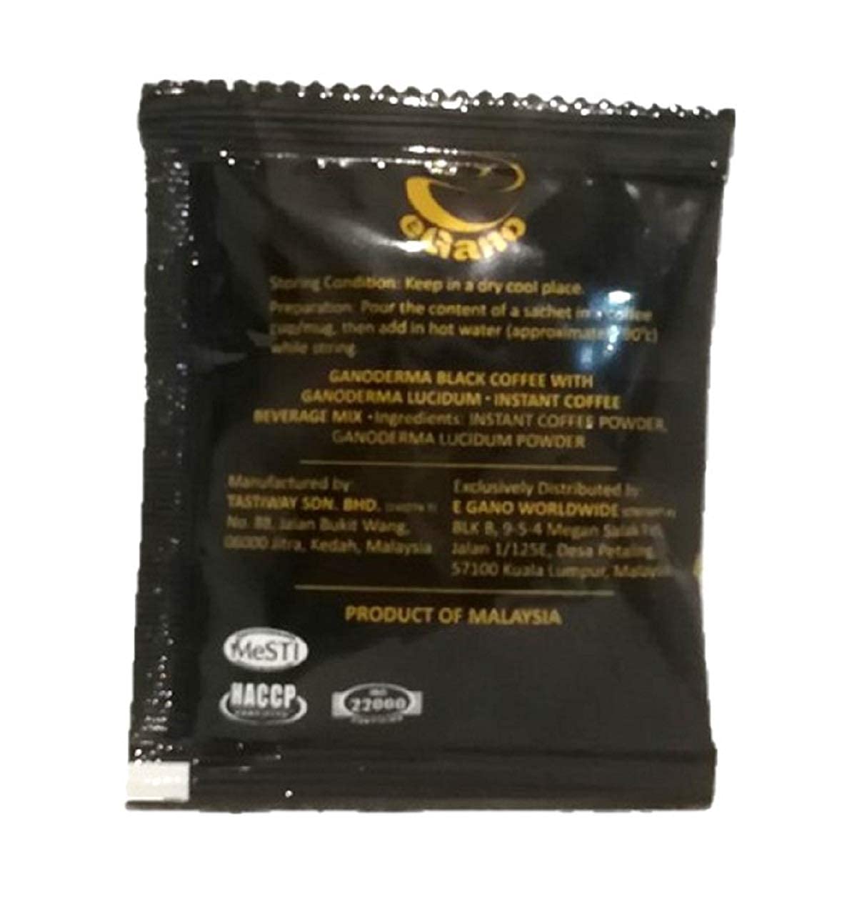 eGano Ganoderma Coffee packaging label signaling premium quality and convenience.