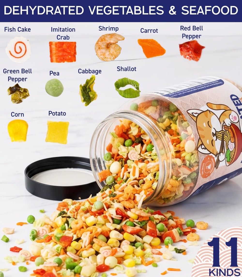 Egcina 11-ingredient seafood-vegetable blend closeup showing colorful, versatile ingredients for soups and stir-fries.
