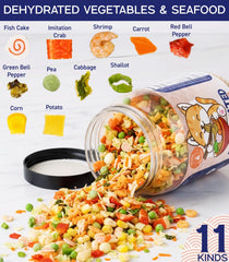 Egcina 11-ingredient seafood-vegetable blend closeup showing colorful, versatile ingredients for soups and stir-fries.