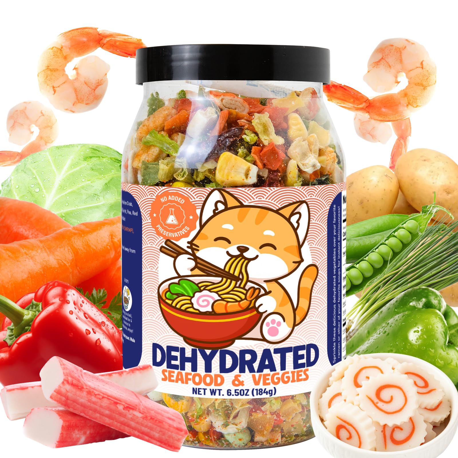 Egcina freeze-dried seafood-vegetable mix in bag for quick, nutritious soups and noodle dishes.
