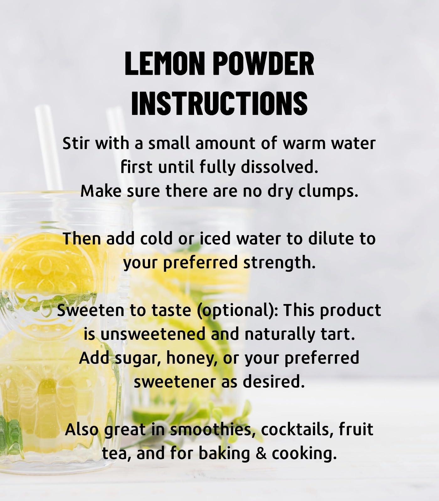 Egcina Lemon Juice Powder glass of water highlights the clean citrus aroma.