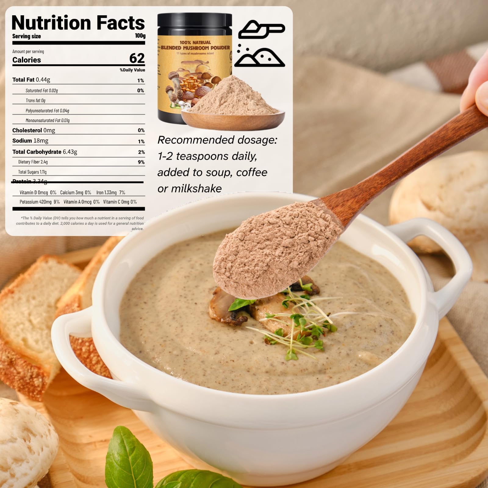 Egcina mushroom powder scoop demonstrates easy measuring for quick umami boosts.