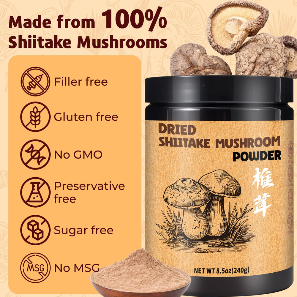 Egcina shiitake powder close-up reveals fine texture for even sauce mixing.