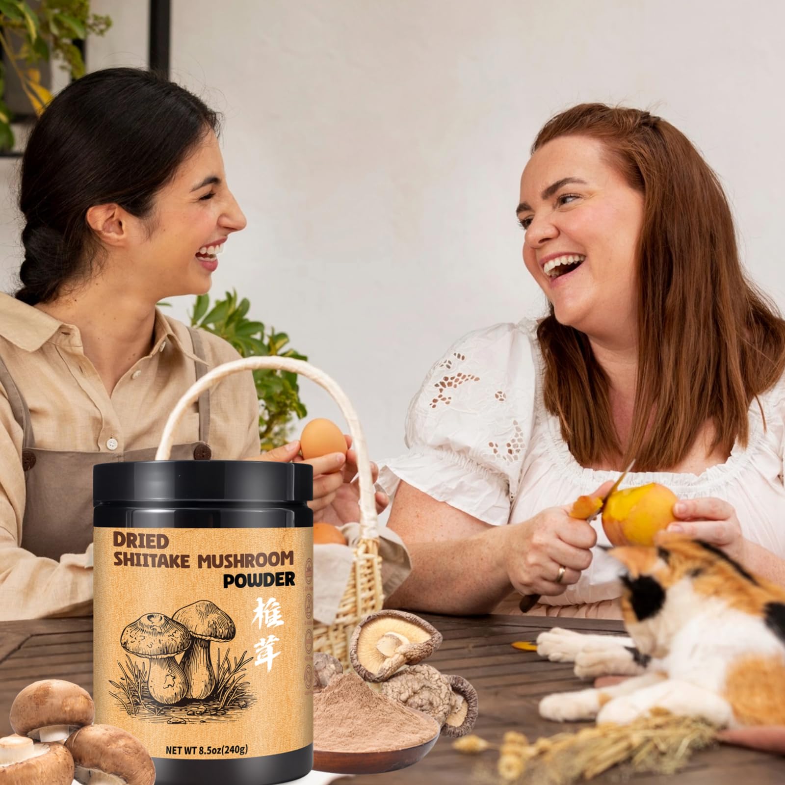Egcina shiitake powder jar label on pantry shelf, a versatile kitchen staple.
