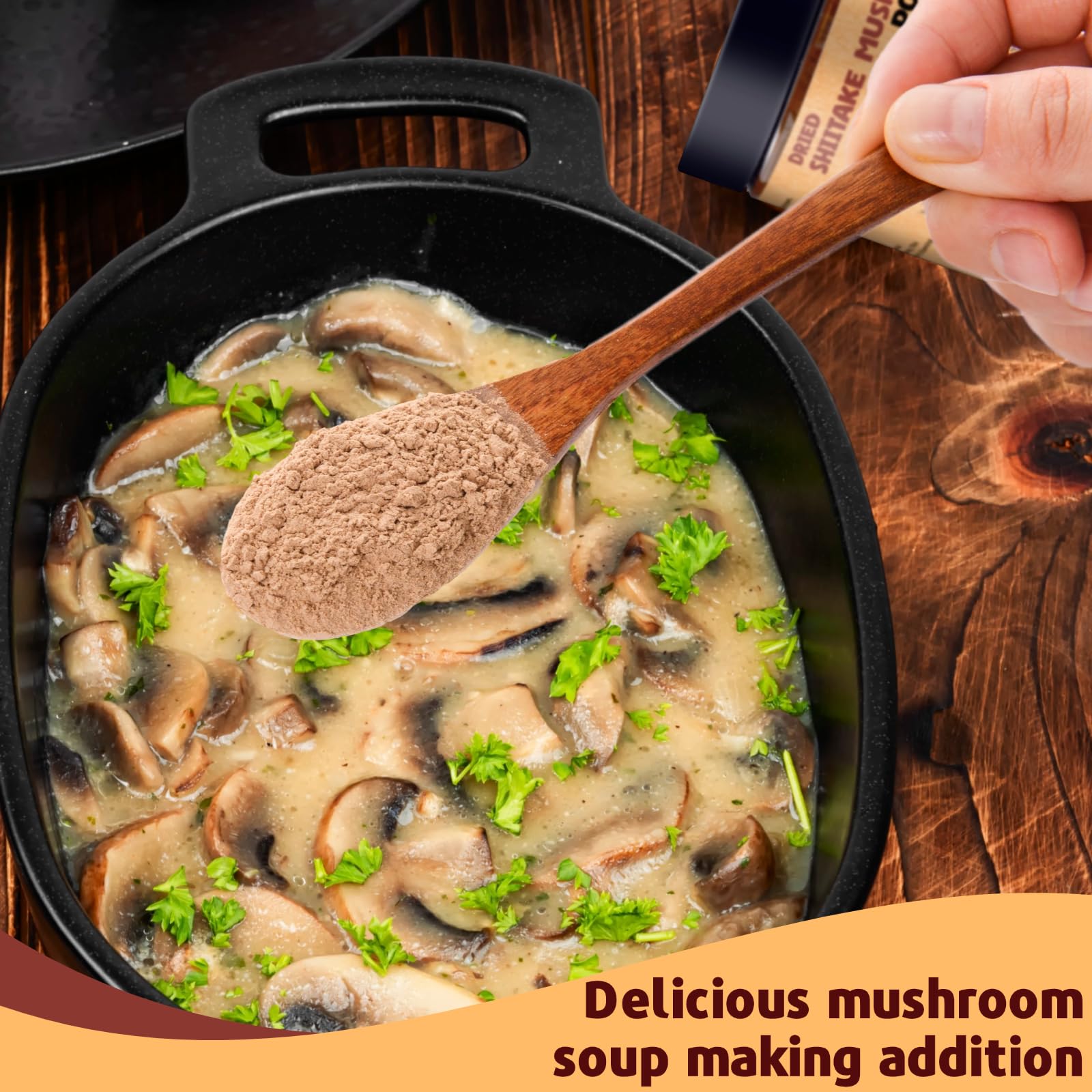 Egcina shiitake powder in a soup bowl releasing earthy aroma.