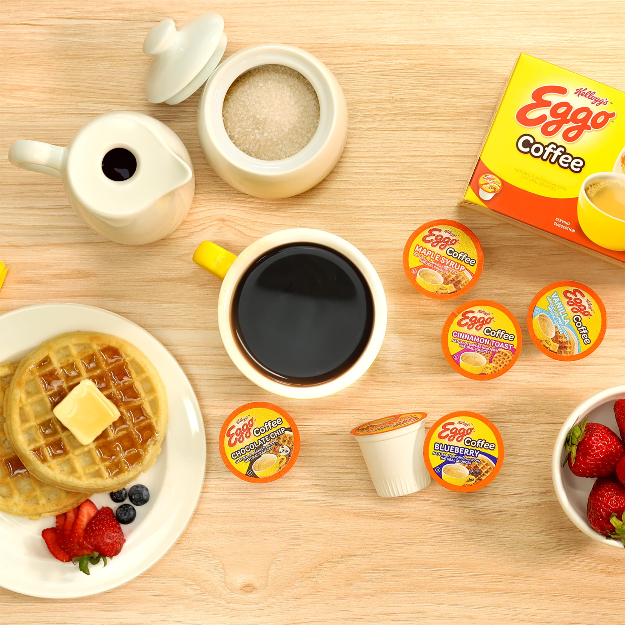 Eggo Variety Pack pod set works with Keurig brewers for sharing.