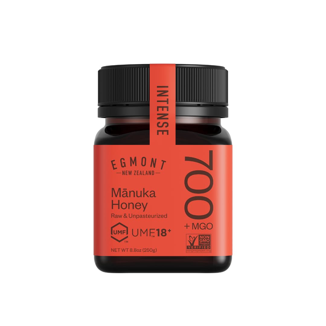Egmont Honey Manuka bottle front showcases UMF 18+ quality and New Zealand origin.