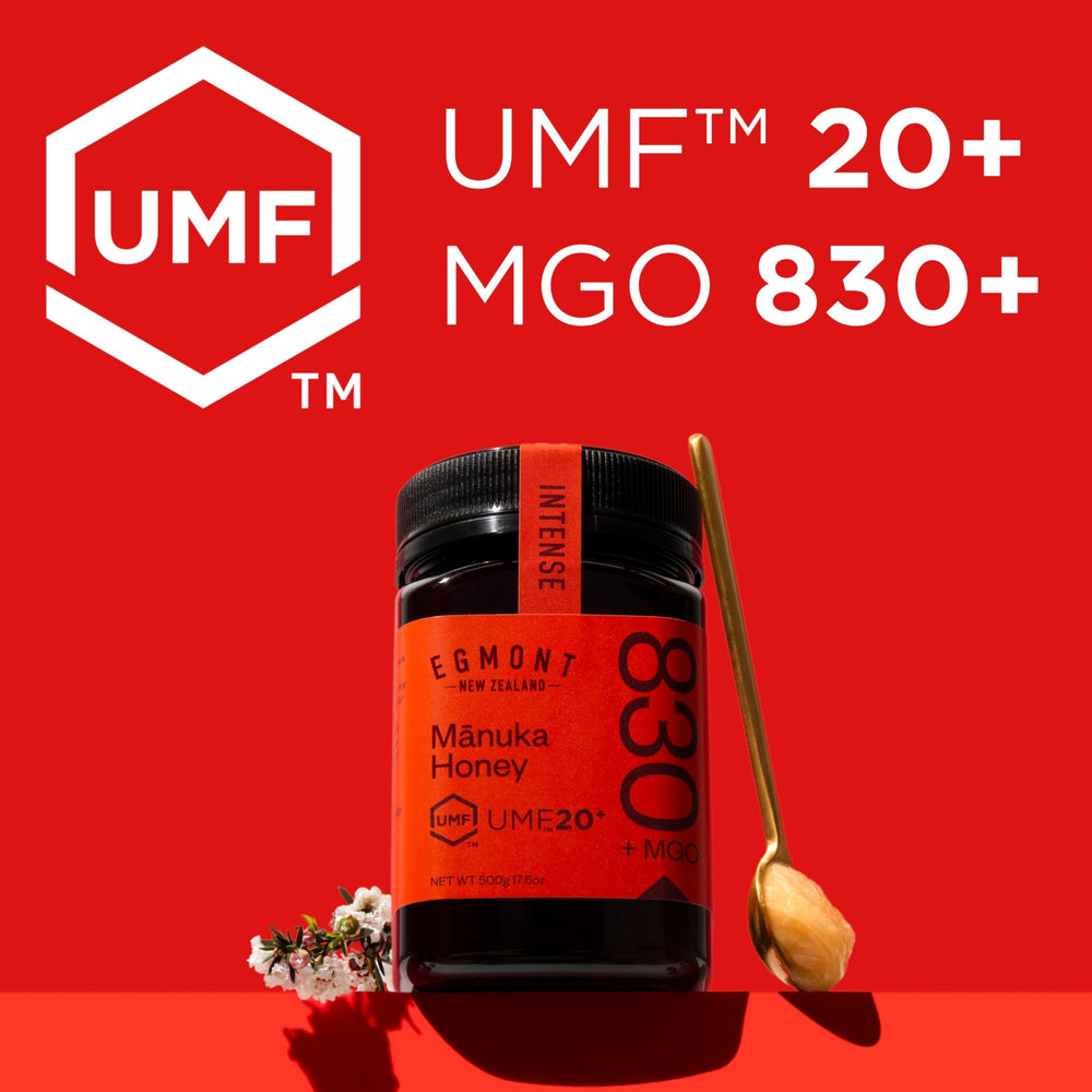 Egmont Honey Manuka jar label UMF 20+ and MGO 830+ highlight potency