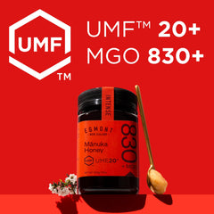 Egmont Honey Manuka jar label UMF 20+ and MGO 830+ highlight potency