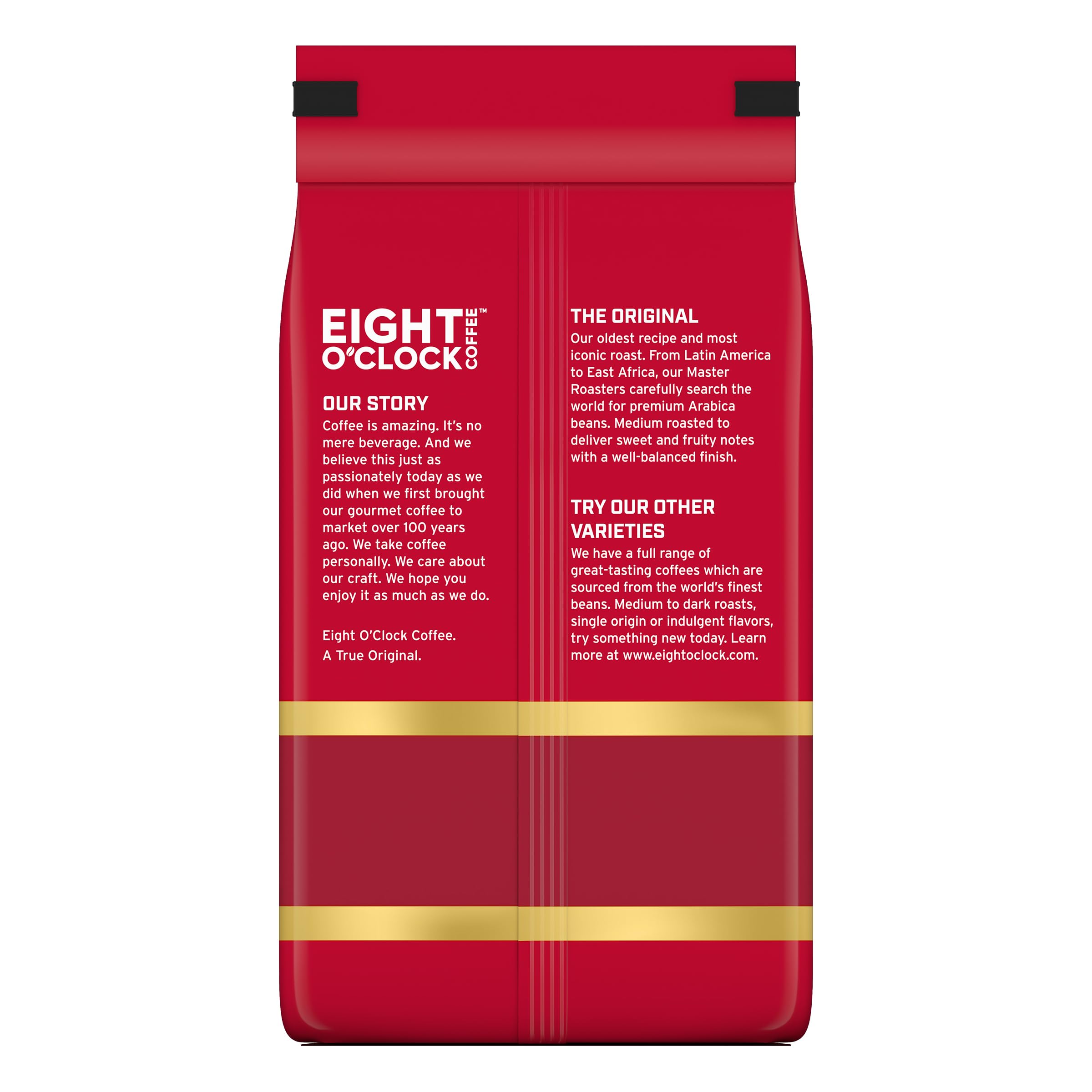 Eight O'Clock Coffee The Original bag back, roast details and quality marks.