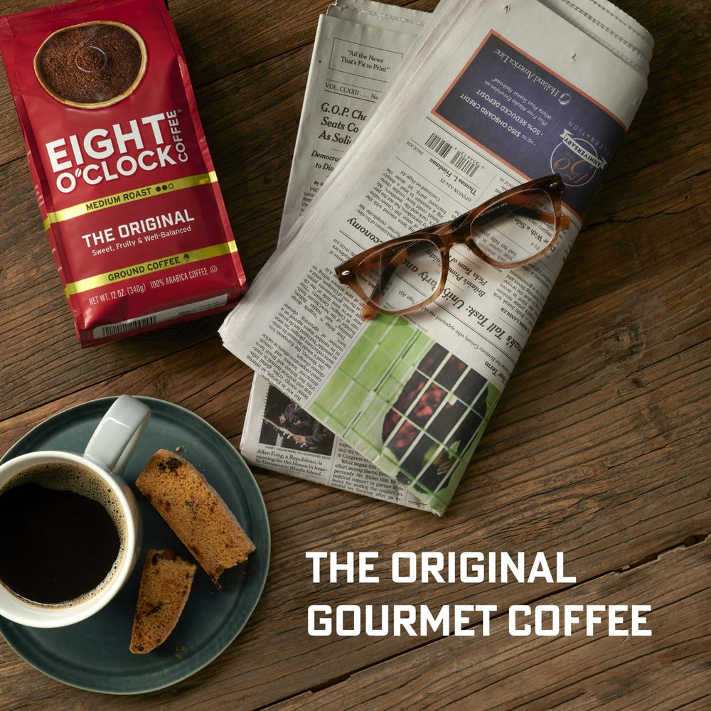 Eight O'Clock Caramel Macchiato packaging on shelf signals premium quality.