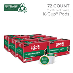 Eight O'Clock Coffee Decaf K-Cup pods side view for quick, mess-free brewing.