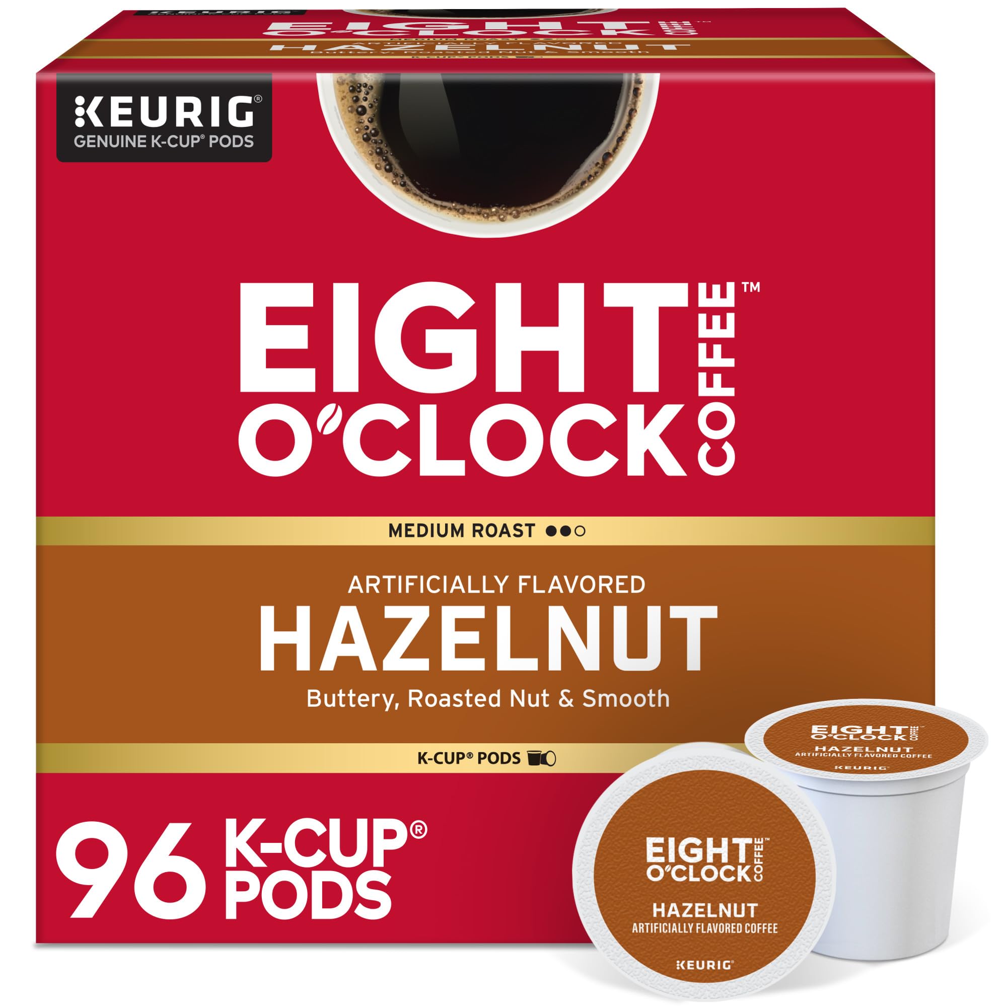 Eight O'Clock Coffee hazelnut K-Cup pod close-up highlights rich flavor.