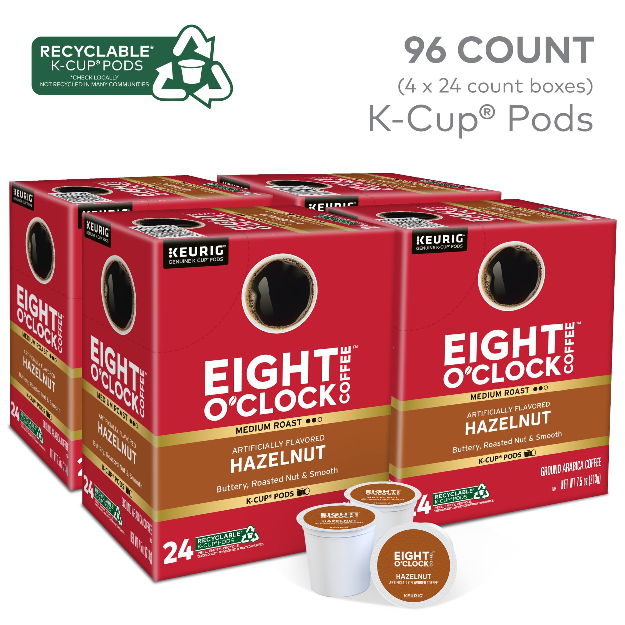 Eight O'Clock hazelnut coffee 96-count pack showcases convenient single-serve pods.