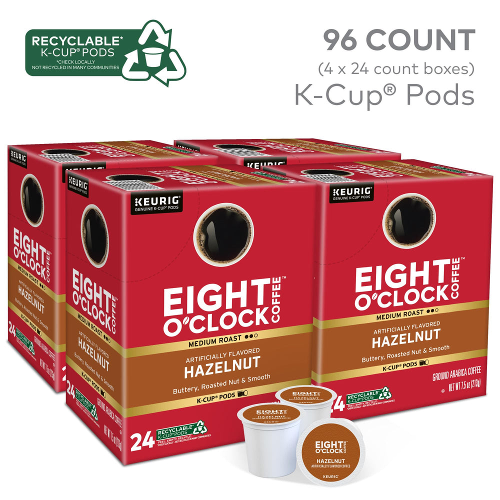 Eight O'Clock hazelnut coffee 96-count pack showcases convenient single-serve pods.