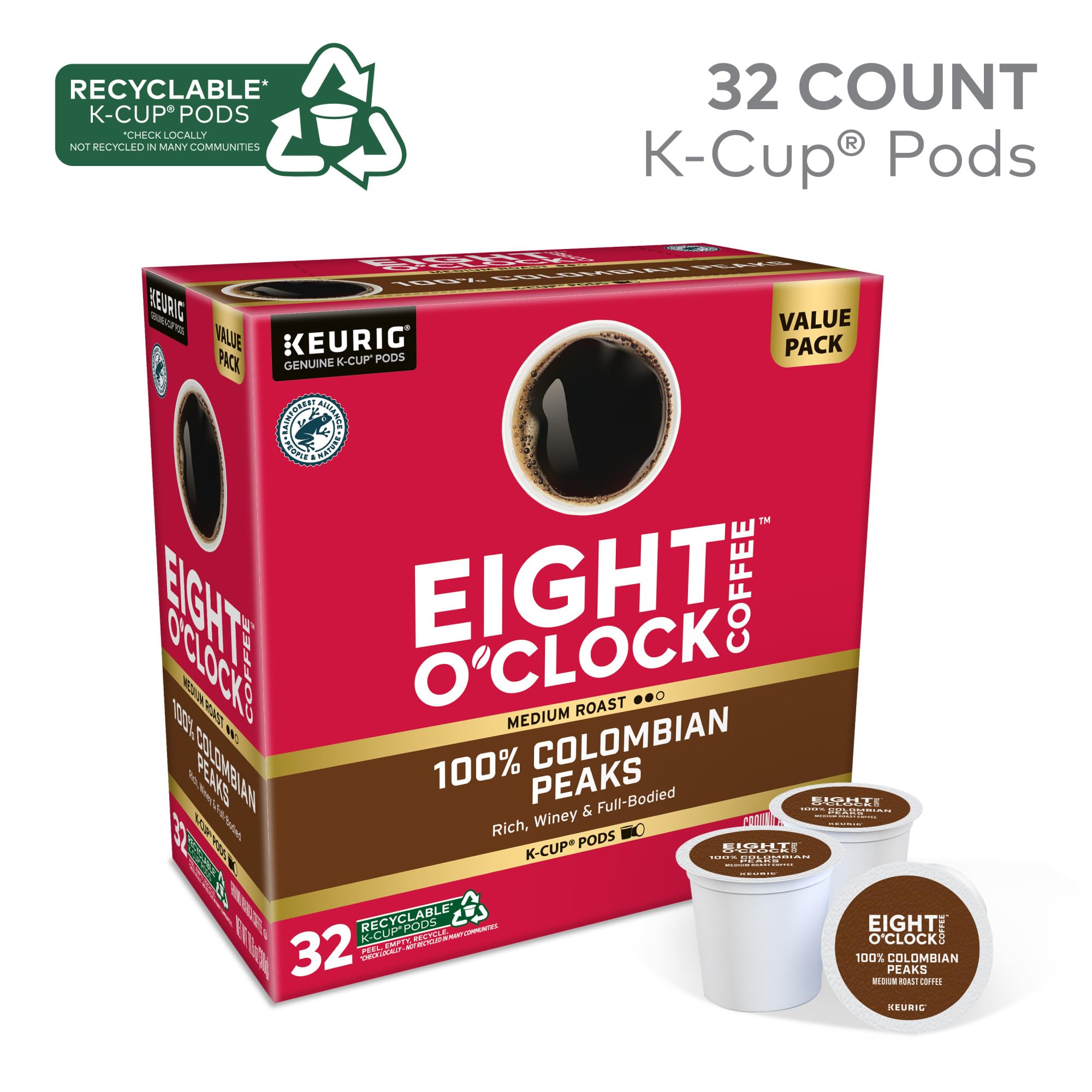 Close-up of Eight O'Clock K-Cup pod highlighting rich Arabica blend.