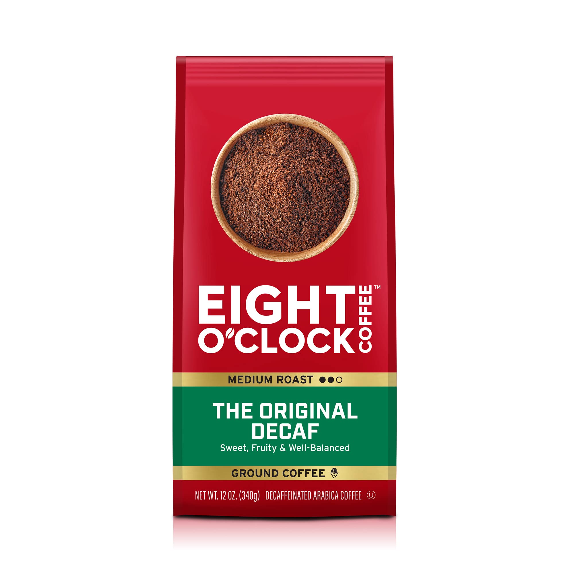 Eight O'Clock Coffee Original Decaf ground bag shows premium Arabica beans for a balanced morning cup.