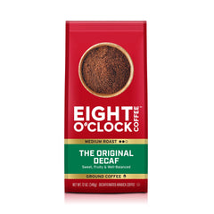 Eight O'Clock Coffee Original Decaf ground bag shows premium Arabica beans for a balanced morning cup.