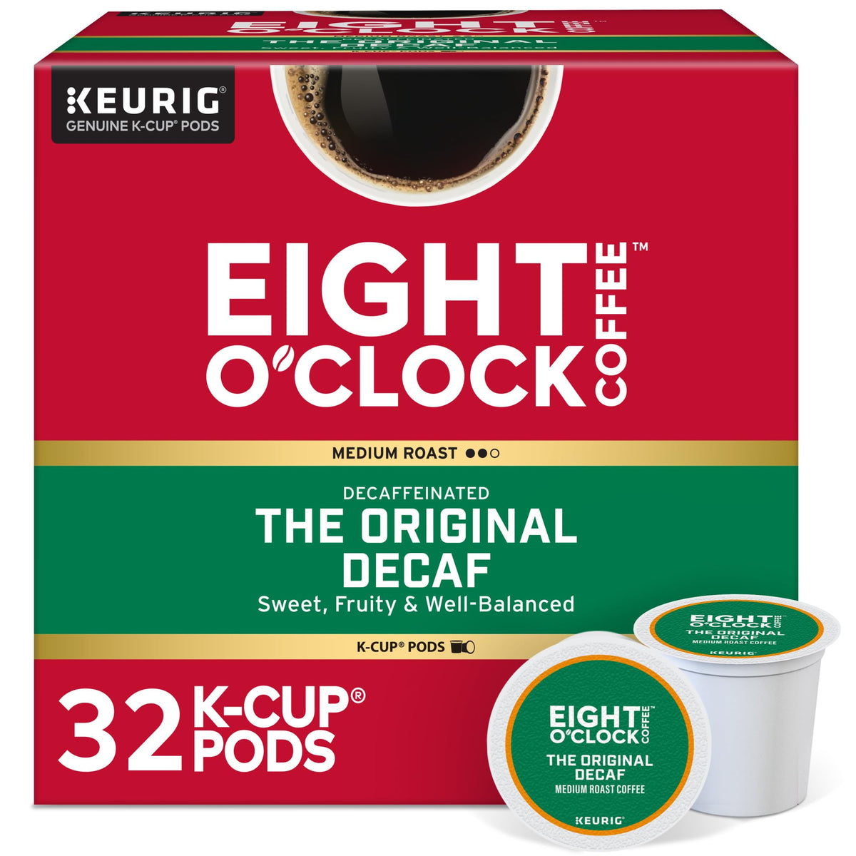 Eight O'Clock Coffee Original Decaf K-Cup pod delivering smooth, full-bodied flavor.