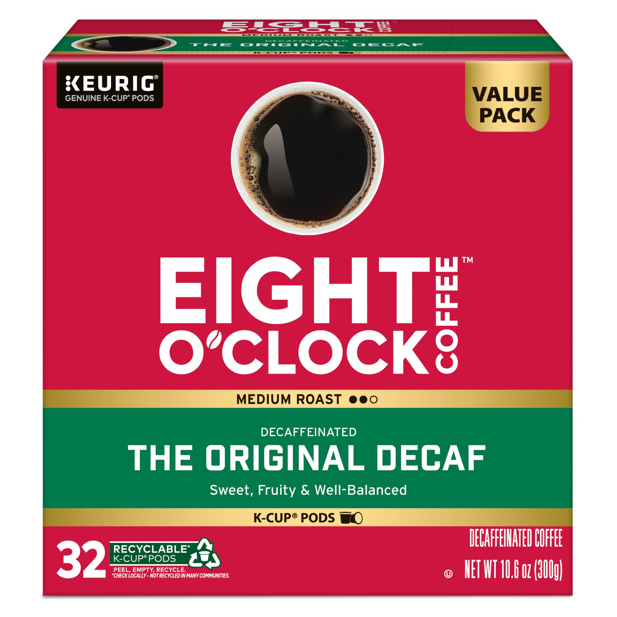 Keurig-compatible Original Decaf pod shown alongside a brewer.