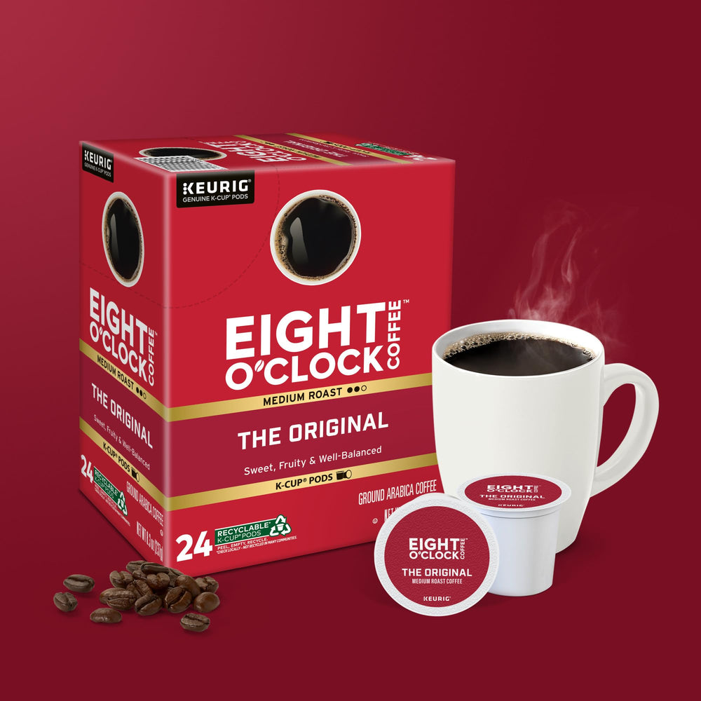 Eight O'Clock Coffee Original K-Cup pods with recyclable packaging in view.