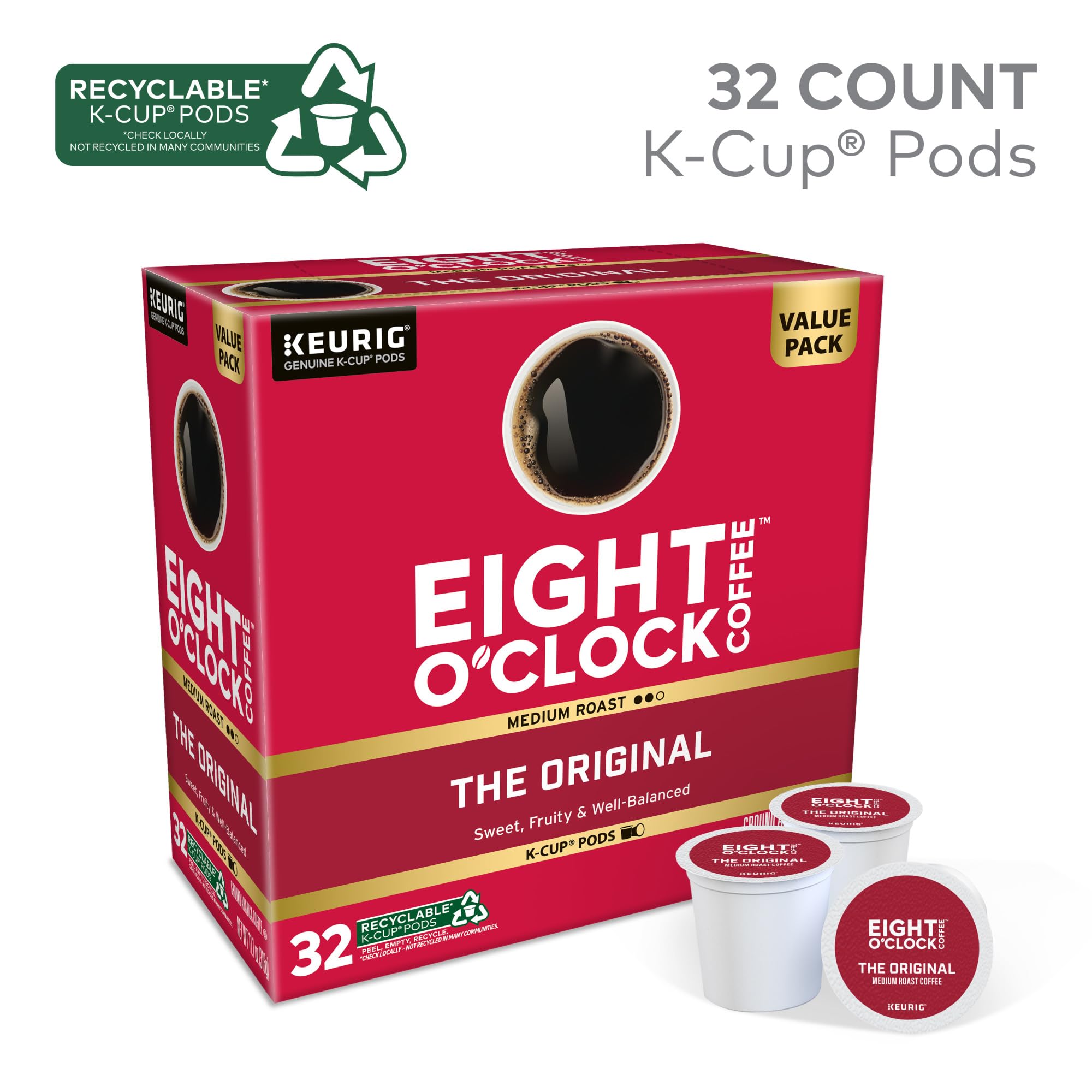 Eight O'Clock Coffee Original Keurig-compatible K-Cup pods for easy single-serve brews.