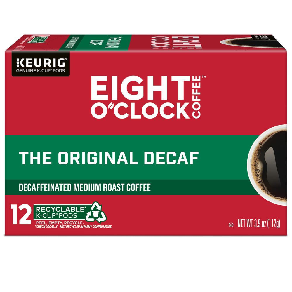 Eight O'Clock Coffee packaging and label visible on box.