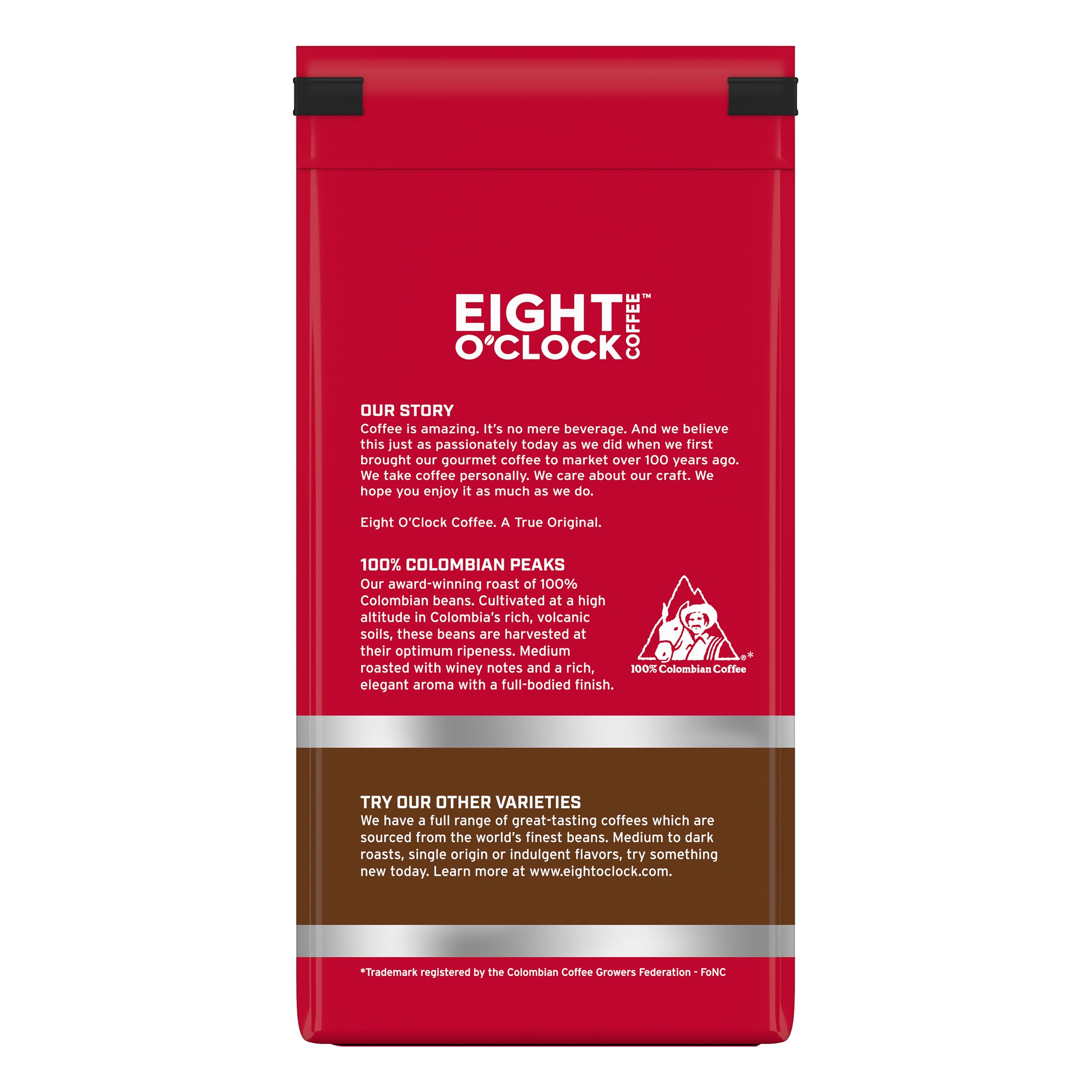 Eight O'Clock Coffee Peaks roasted beans close-up highlights rich winey notes and aroma