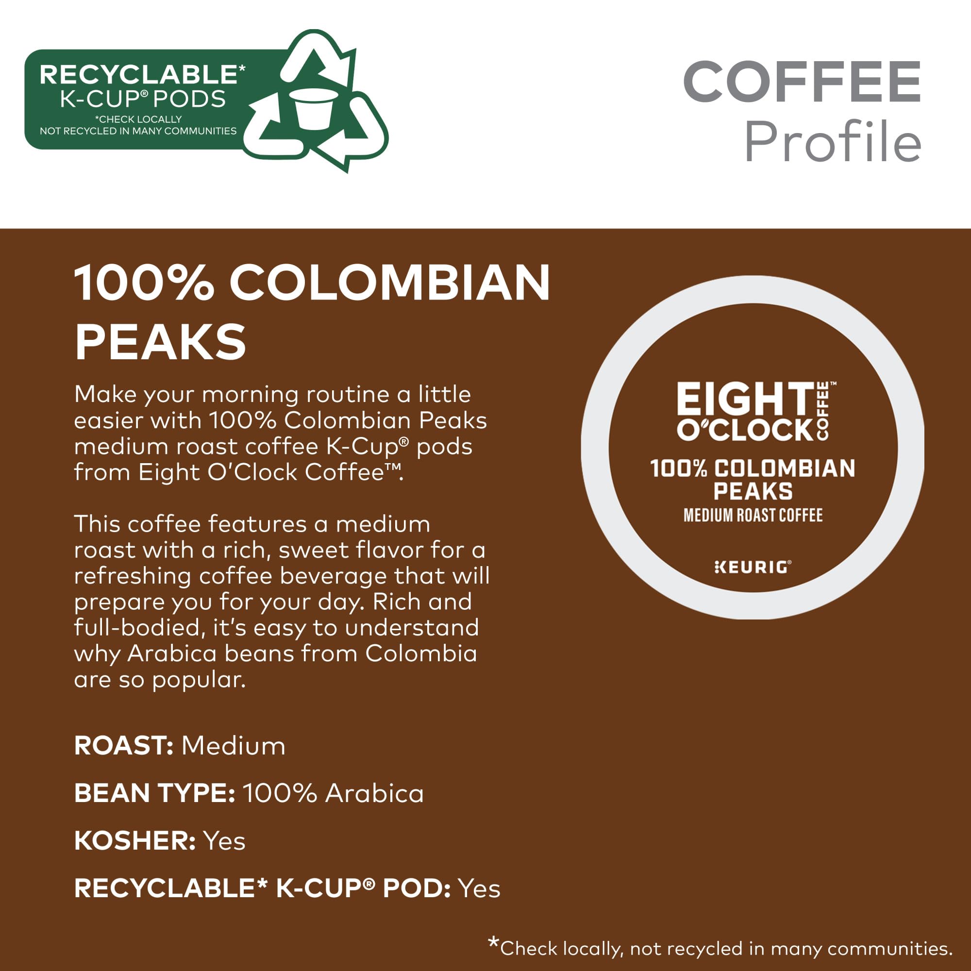 Steaming mug beside Eight O'Clock Colombian Peaks pods for a cozy start.