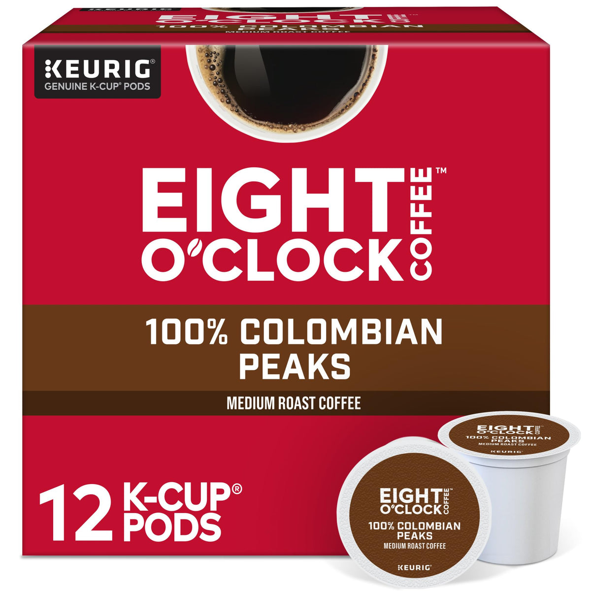 Eight O'Clock Colombian Peaks K-Cups pack, convenient single-serve pods for quick mornings.