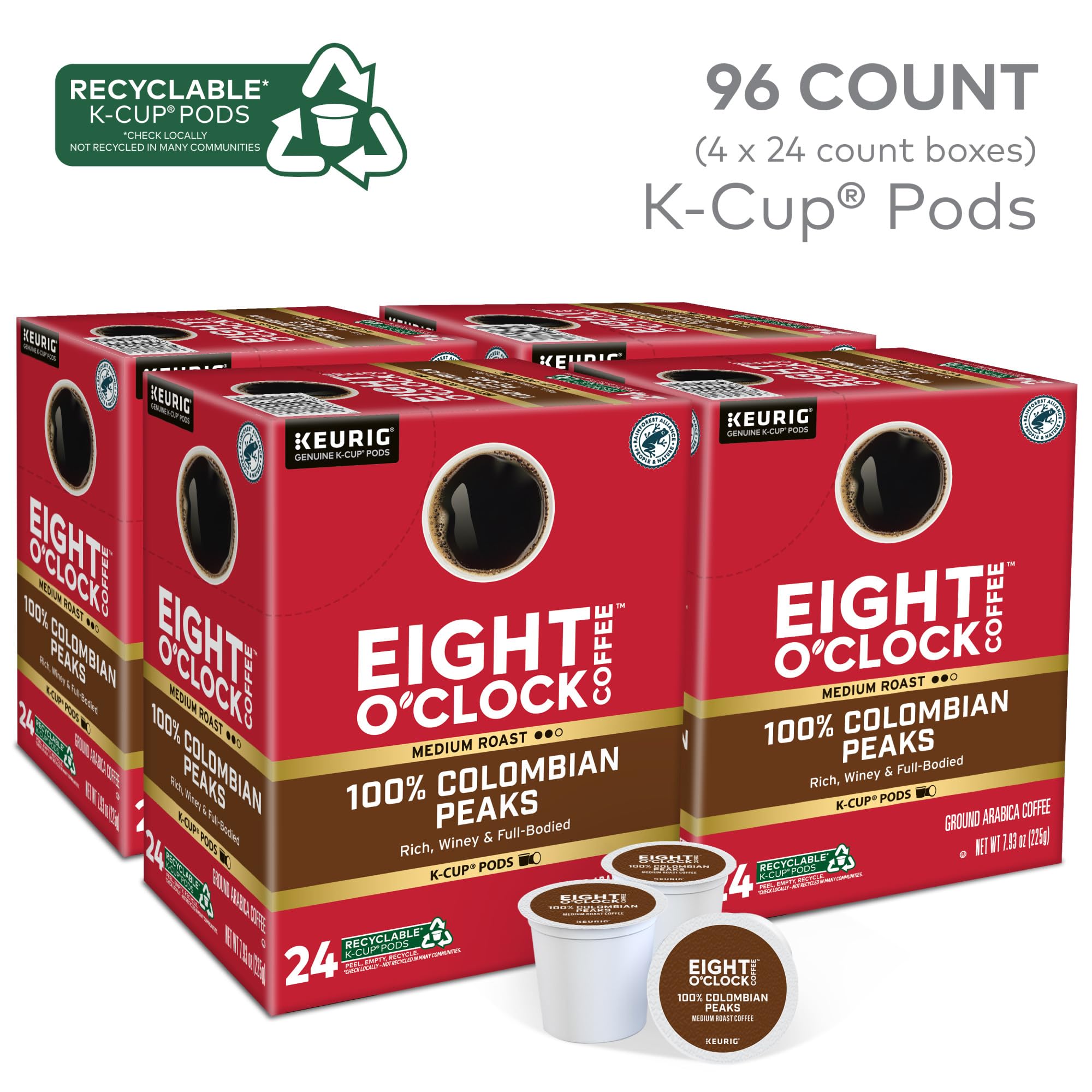 Eight O'Clock Colombian Peaks pods in cup ready to enjoy a smooth brew.