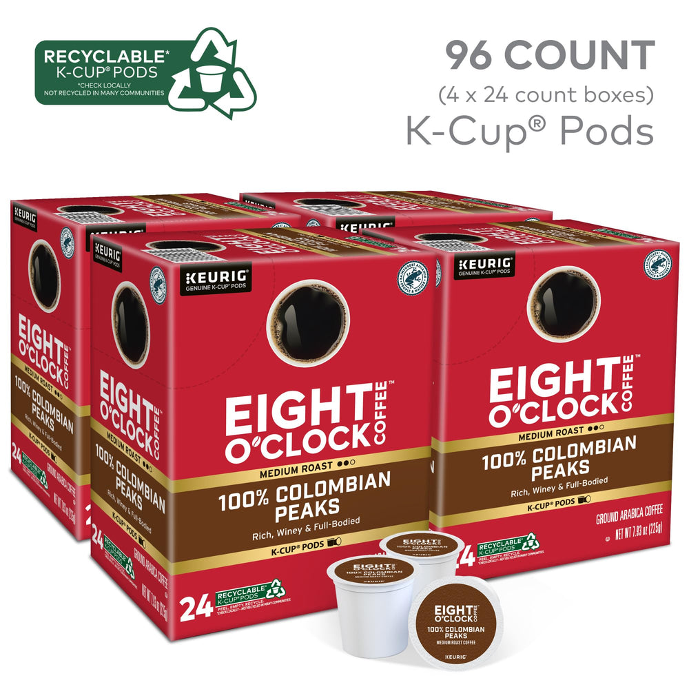 Eight O'Clock Colombian Peaks pods in cup ready to enjoy a smooth brew.