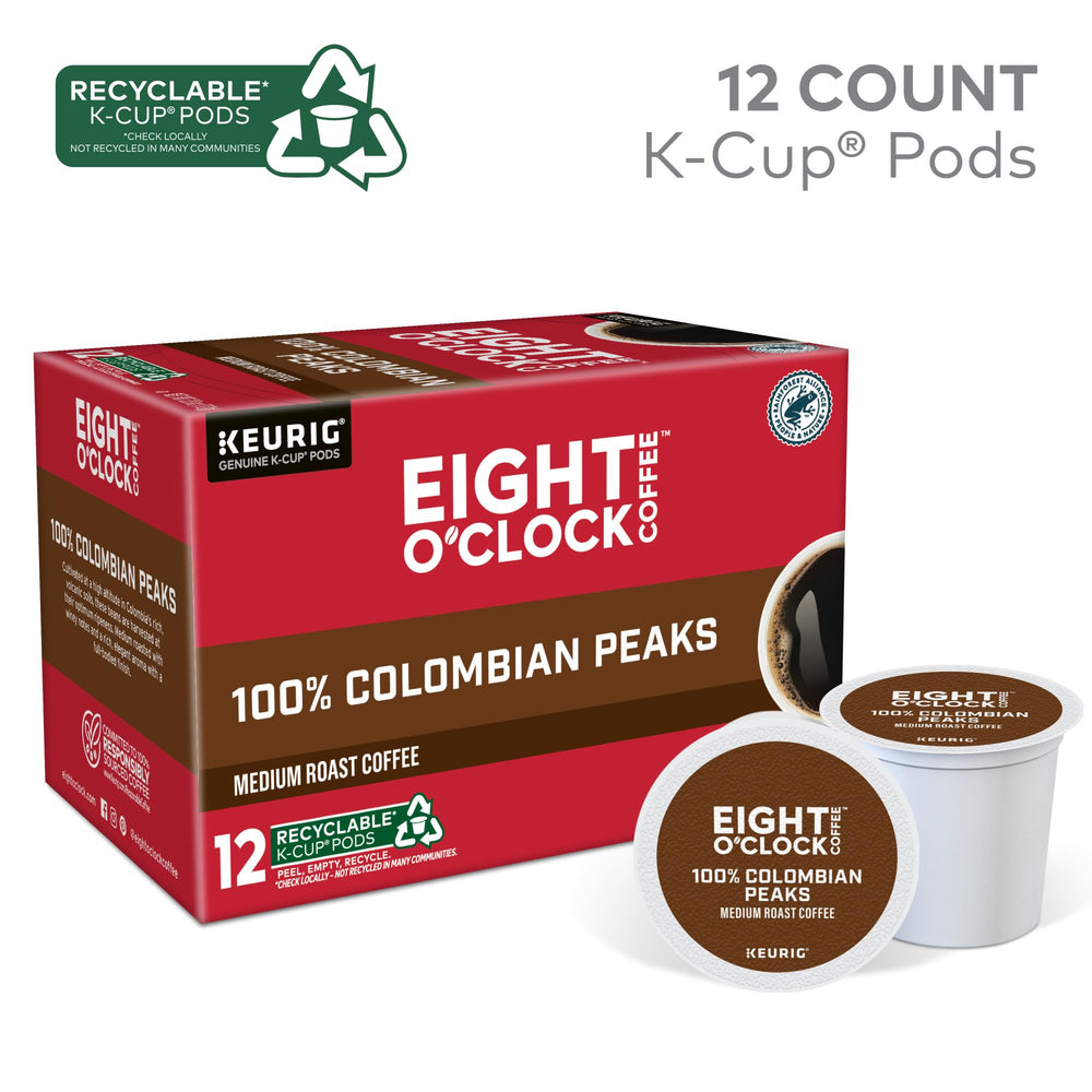 Eight O'Clock Colombian Peaks steaming cup showcasing aroma and smooth flavor.