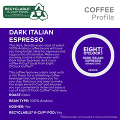 Eight O'Clock Dark Italian roast beans close-up, rich chocolatey notes.