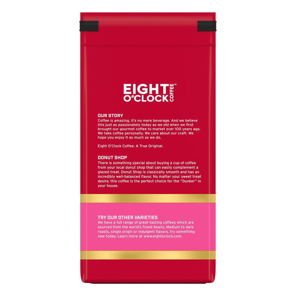 Close-up of Eight O'Clock Donut Shop bag highlighting premium Arabica beans for rich taste.